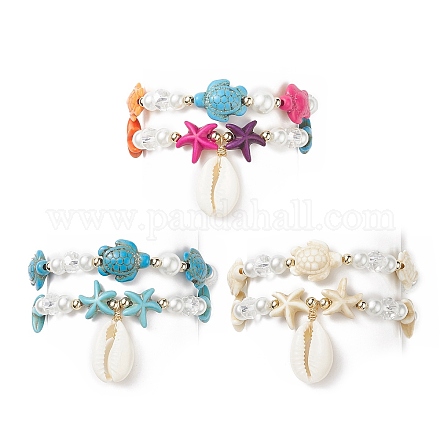 2 Uds. Conjunto de pulseras elásticas con cuentas de perlas de vidrio y turquesa sintética (teñidas) de 2 estilos de estrella de mar y tortuga BJEW-JB08994-1