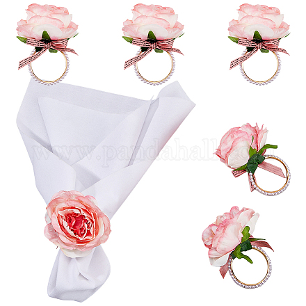 Anelli di tovagliolo di stoffa fiore rosa artificiale AJEW-WH0314-75-1
