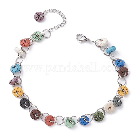 Dyed Natural Lava Rock Disc Beaded Anklets AJEW-AN00545-1