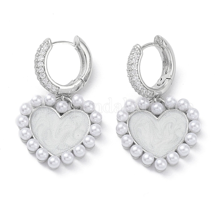 Heart Rack Plating Brass Cubic Zirconia Hoop Earrings with Plastic Pearl Beads EJEW-K245-06P-1