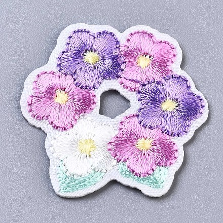 花のアップリケ  機械刺繍布地手縫い/アイロンワッペン  マスクと衣装のアクセサリー  プラム  32.5x32.5x1.5mm DIY-S041-051B-1