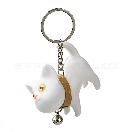 樹脂キーホルダー  PUレザーの装飾と合金のスプリットリング付き  猫の形  ホワイト  9cm KEYC-P018-A01-1