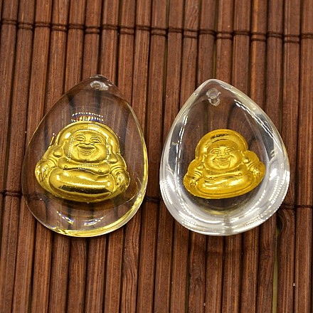 Colgantes de vidrio transparente con incrustaciones de latón chapado en oro real de 18k GLAA-N0004-14-1