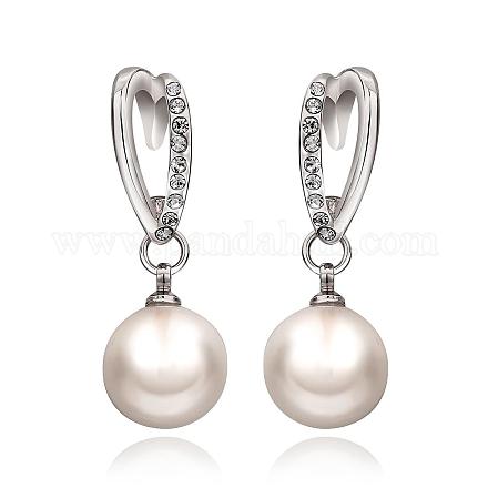 Orecchini pendenti con cuore placcato in vero platino e strass rotondi in lega di stagno con perla imitazione EJEW-BB09656-P-1