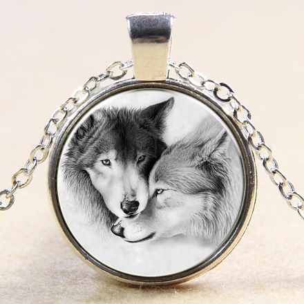 Wolf Pattern Flat Round Glass Pendant Necklaces NJEW-N0051-013S-02-1