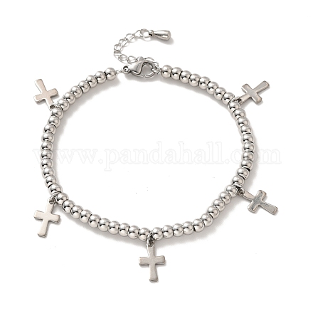 304 bracelet breloque croix en acier inoxydable avec 201 perles rondes en acier inoxydable pour femme BJEW-B057-24P-1
