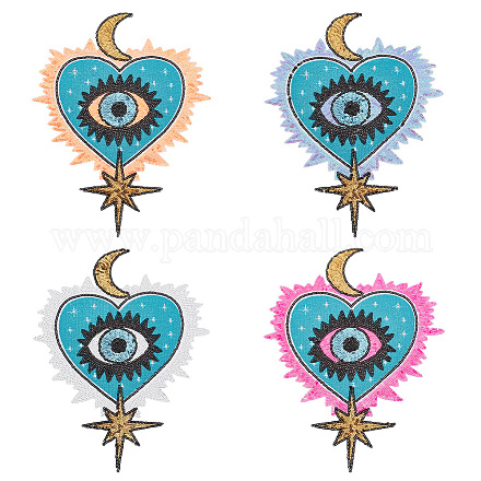 AHADERMAKER 4Pcs 4 Colors Heart with Evil Eye & Moon & Star Pattern Cloth Computerized Embroidery Iron On/Sew On Patches PATC-GA0001-06-1