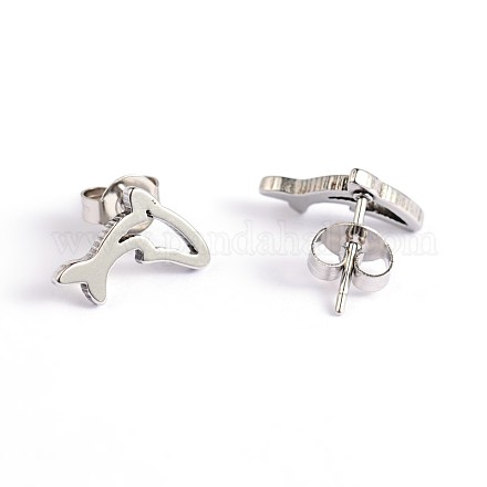 Dolphin 304 Stainless Steel Ear Studs EJEW-F0075-090P-1