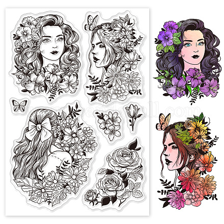 GLOBLELAND Flowers Lady Clear Stamps for DIY Scrapbooking Flowers Butterfly Women Silicone Clear Stamp Seals Transparent Stamps for Cards Making Journal Decor DIY-WH0448-0465-1