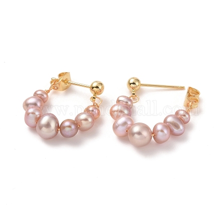 Natural Pearl Beaded Ring Stud Earrings EJEW-D275-12G-01-1