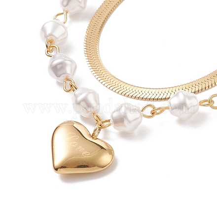 Double Chains Multi Layered Necklaces with Acrylic Pearl Beaded and Heart Charms NJEW-D296-15G-1
