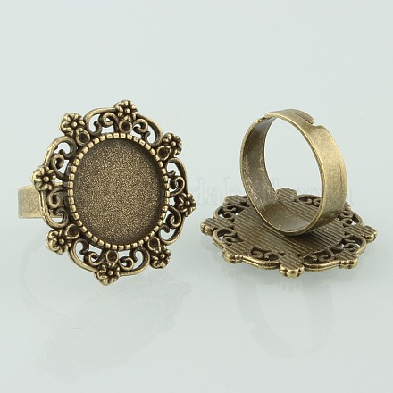 Vintage Adjustable Iron Finger Ring Components Alloy Flower Cabochon Bezel Settings X-PALLOY-O039-16AB-NF-1