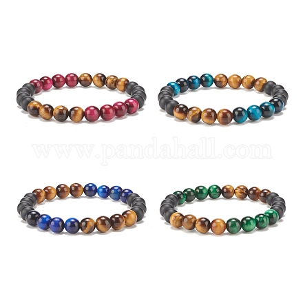 Set di 4 braccialetti elasticizzati con perline rotonde in 4 colori di occhio di tigre naturale e agata nera (tinta). BJEW-JB08086-1
