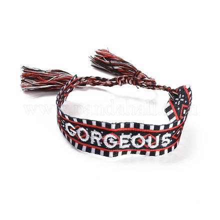 Mot magnifique bracelet tressé en polycoton (polyester coton) avec breloque pompon BJEW-F429-03-1
