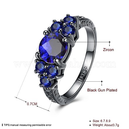 トレンドの真鍮製キュービックジルコニア指輪  ブルー  ガンメタ色  usサイズ9（18.9mm） RJEW-BB27066-D-9-1