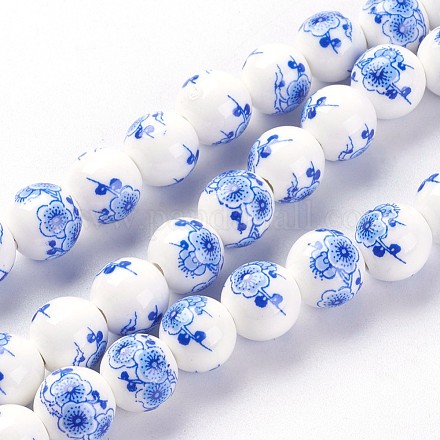 Chapelets de perles en céramique imprimées de fleurs manuelles PORC-J006-A05-1