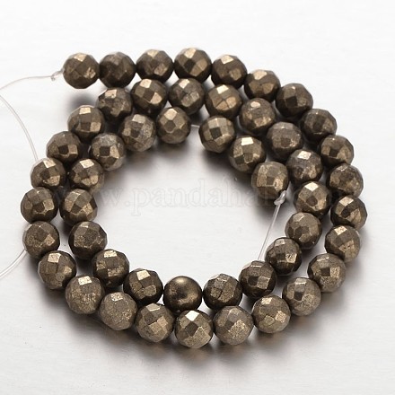 Faceted Round Natural Pyrite Beads Strands G-P061-8mm-20-1
