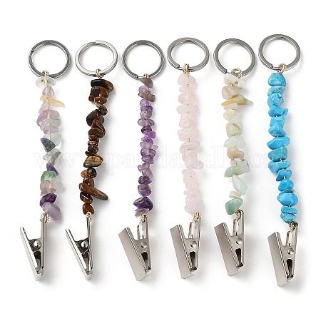 PandaHall SUPERFINDINGS 9pcs Natural Gemstone Credit Card Grabber with Keychains Debit Bank Card ID Card Clips Key Rings with Mixed Stone