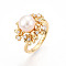 Flower Brass Micro Pave Clear Cubic Zirconia Cuff Ring, with Natural Freshwater Pearl, Real 14K Gold Plated, US Size 7 1/4(17.5mm), Flower: 17.5~18.5mm