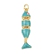 Brass Enamel Pendants, Fish, with Jump Ring, Cadmium Free & Lead Free, Rack Plating, Long-Lasting Plated, Real 18K Gold Plated, Turquoise, 33x7x4mm, Hole: 3mm