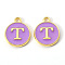 Golden Plated Alloy Enamel Charms, Enamelled Sequins, Flat Round with Letter, Medium Purple, Letter.T, 14x12x2mm, Hole: 1.5mm