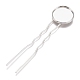 Iron Hair Fork Findings, with Flat Round Brass Cabochon Settings, Silver Color Plated, Tray: 18mm, 82.5x20x3mm