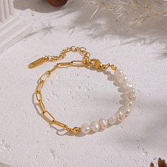 Bracelets pour femmes composés de perles d'eau douce naturelles et d'une chaîne en acier inoxydable 304 façon trombone., blanc, véritable 18k plaqué or, 6-3/4 pouce (17 cm)