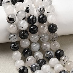 Granos de cuarzo rutilado negro natural hebras, redondo, 8mm, agujero: 1 mm, aproximamente 23~24 pcs / cadena, 7.52'' (19.1 cm)