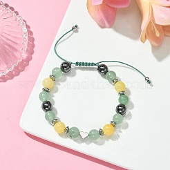 Pulsera de cuentas trenzadas de corazón de latón y jade topacio y aventurina verde natural&nbsp;BJEW-JB09703-02