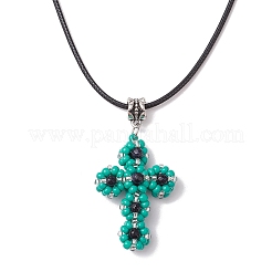 Colliers avec pendentifs en forme de croix en perles de rocaille en verre et en pierre d'or bleue synthétique&nbsp;NJEW-MZ00103-04