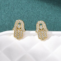 Ohrstecker aus Messing mit Hamsa-Hand und Mikropflaster aus klarem Zirkonia&nbsp;EJEW-H178-07G