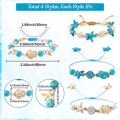 4 Stück 4 Stil Schildkröte & Seestern & runde synthetische grün türkis geflochtene Perlen Armbänder Sets&nbsp;BJEW-SC0001-43