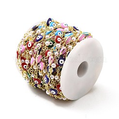 Cuore smaltato in ottone ecologico fatto a mano con malocchio e catena a maglie rotonde in vetro&nbsp;CHC-I045-12G