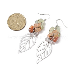 Foglia 201 acciaio inossidabile cristallo di quarzo naturale e prehnite naturale e corniola naturale e orecchini pendenti con chip di pietra del sole naturale&nbsp;EJEW-JE06138-03