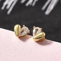 Orecchini a bottone con micro pavè di ottone a forma di cuore e zirconi trasparenti&nbsp;EJEW-R018-07G