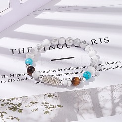 Bracelet extensible en howlite naturelle & oeil de tigre & turquoise synthétique avec colonne en alliage&nbsp;BJEW-TA00104