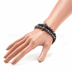 2 pz 2 bracciali elastici in ematite sintetica e pietra nera e ossidiana naturale con teschio in zirconia cubica&nbsp;BJEW-JB08120-03