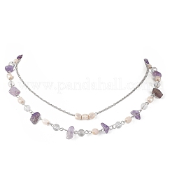 Halsketten mit natürlichen Amethystsplittern und Glas sowie handgefertigter Gliederkette aus Edelstahl 304 mit zwei Lagen für Damen&nbsp;NJEW-JN05363-01
