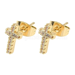 Orecchini a bottone con croce in ottone con micro pavè di zirconi trasparenti&nbsp;EJEW-Z144-25G