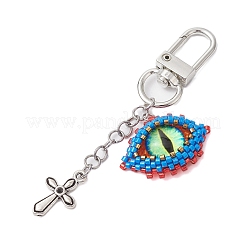 Métier à tisser à graines de verre mauvais œil et décoration pendentif en alliage croisé&nbsp;HJEW-MZ00082