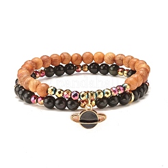 2 pièces 2 bracelets extensibles en obsidienne naturelle et hématite synthétique et bois avec breloque planète&nbsp;BJEW-JB07616