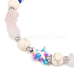 Bracelets de cheville en perles de quartz rose naturel et étoiles de mer synthétiques teintées avec chaînes d'extrémité en acier inoxydable 304&nbsp;AJEW-AN00733-01