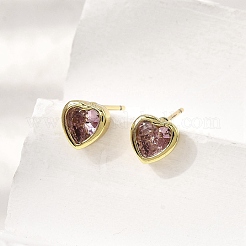 Pendientes de botón con forma de corazón de circonita cúbica de latón&nbsp;EJEW-L261-030G