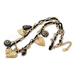 Collar babero con colgante de corazón y flor acrílica negra de acero inoxidable 304 para mujer&nbsp;NJEW-A063-05G