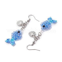 Pendientes colgantes de cuentas de vidrio de acero inoxidable 304 con forma de pez y concha&nbsp;EJEW-MZ00436-04
