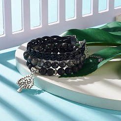 Braccialetti elasticizzati con perline di roccia lavica e larvikite naturale in stile 3 pezzi con albero della vita in lega&nbsp;BJEW-JB07887