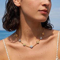 Collares de cadena de eslabones de flores de rosa de acero inoxidable 304 de dos tonos para mujer&nbsp;FS-WGCC2B1-01