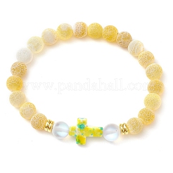Bracelets extensibles en pierre de lune synthétique et perles d'agate patinées naturelles givrées pour femmes&nbsp;BJEW-JB11333-01