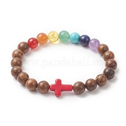 Bracciale elastico con perline di legno naturale e pietre preziose per donna&nbsp;BJEW-JB09294