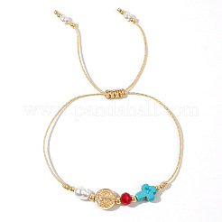 Sommerliche geflochtene Armbänder aus Messing mit Kreuzmünze und synthetischem Türkis-Kreuz für Damen und Herren&nbsp;NW9069-1
